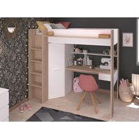 Hochbett mit Schreibtisch & Kleiderschrank + Matratze - 90 x 200 cm - Weiß & Naturfarben - AUCKLAND von Kauf-unique