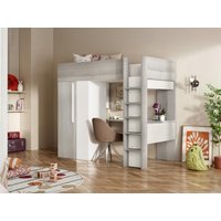 Hochbett mit Schreibtisch & Kleiderschrank - 90 x 200 cm - Holzfarben Grau & Weiß - NICOLAS von Vente-unique