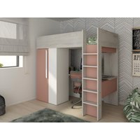 Hochbett mit Schreibtisch & Kleiderschrank  + Matratze - 90 x 200 cm - Rosa & Weiß - NICOLAS von Kauf-unique