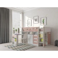 Hochbett mit Schreibtisch & Stauraum - 90 x 200 cm - Rosa, Naturfarben & Weiß - LOUKALA von Kauf-unique