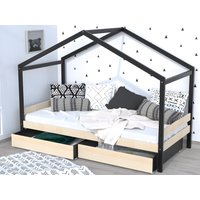 Kinderbett Hausbett mit 2 Schubladen + Matratze - 90 x 190 cm - Fichte massiv - Naturfarben & Schwarz - ELFIA von Kauf-unique