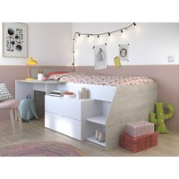 Kinderbett mit Schreibtisch & Stauraum  + Matratze + Lattenrost - 90 x 190/200 cm - Weiß & Naturfarben - GISELE von Kauf-unique