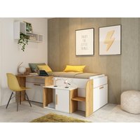 Kombibett 90 x 200 cm mit Schreibtisch und Stauraum - Weiß und Naturfarben + Lattenrost - PEDRO von Kauf-unique