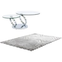 Sparset : Couchtisch mit drehbarer Tischplatte - Transparent - JOLINE + Teppich Shaggy - Grau - MAZE von Kauf-unique