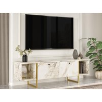 TV-Möbel mit 2 Türen & 2 Regalen - Marmor-Optik Weiß & Goldfarben - DERANA von Kauf-unique