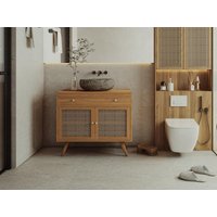 Waschbeckenunterschrank aus hellem Teakholz & Rohrgeflecht - 90 cm - MANSULAN von Kauf-unique