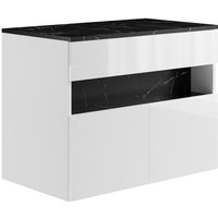 Waschbeckenunterschrank hängend mit Aufsatzplatte - mit LED-Beleuchtung - Weiß & Schwarz - Marmor-Optik - 80 cm - POZEGA von Vente-unique