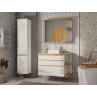 Waschbeckenunterschrank hängend mit Einzelwaschbecken, hängende Badezimmersäule & Badezimmer Spiegelschrank - B. 94 cm - Naturfarben & Weiß - ANIDA von Kauf-unique