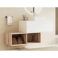 Waschbeckenunterschrank hängend mit quadratischem Waschbecken - 1 weiße Schublade & 2 Ablagefächer in heller Holzfarbe - 94 cm - TEANA II von Kauf-unique