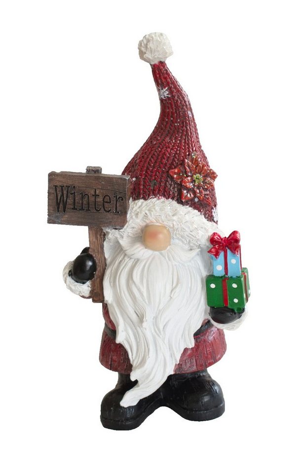 Kaufhaus le petit Weihnachtsfigur Deko Weihnachtsmann Wichtel Zwerg Pakete Schild Skulptur Figur Objekt, Garten Dekofigur Dekoskulptur Dekoobjekt aus Polyresin (Kunststein) von Kaufhaus le petit