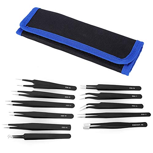 Kaufpart Präzision Edelstahl -Pinzette Set Antistatic Tools ESD Canvas Bag gerade Ellbogen Schwarz von Kaufpart