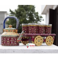 Handbemaltes Teewagen-Set Stahlkessel, Gläser, Mughal-Kunst von Kaushalamcreations