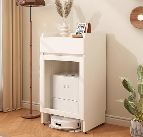 Kaverno Aufbewahrungsschrank Für Saugroboter Mit Gehärteten Glastüren Und Schubladen, Massivholzschrank Mit Rollen, Versteckter Saugroboter Schrank Für Wohnzimmer Schlafzimmer Küche(White) von Kaverno