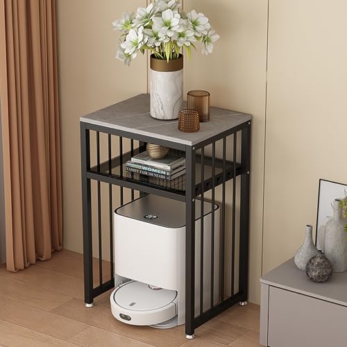 Kaverno Staubsauger Aufbewahrungsregal mit Schieferplatte und Gehärtetem Glas, Tragbarer Roboter Nachttisch mit Rollen, Doppellagig für Wohnzimmer und Eingangsbereich(Gray+Black,56 * 40 * 85cm) von Kaverno