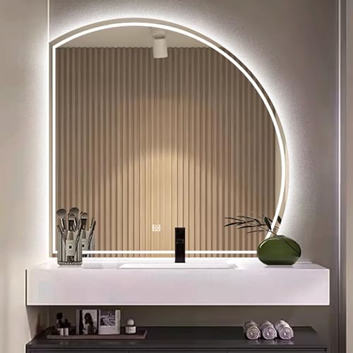 Led Badspiegel Halbrunder, Halbrunder Schminkspiegel Für Bad, Dimmbar Wandspiegel Beschlagfrei, Mit Touch-Schalter Badezimmerspiegel, Smart 3 Farben Anti-Beschldekorative Spiegel, linker Schnitt(60*60 von Kaverno