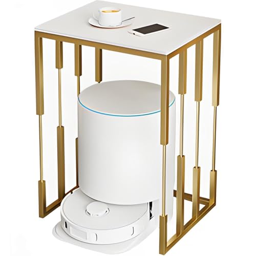 Modernes Staubsauger Aufbewahrungsregal mit Schieferplatte, Heim-Roboter Aufbewahrungsregal, Doppelstöckiges Roboter Staubsauger Regal für Flur, Wohnzimmer, Schlafzimmer(White+Gold,40 * 40 * 70cm) von Kaverno