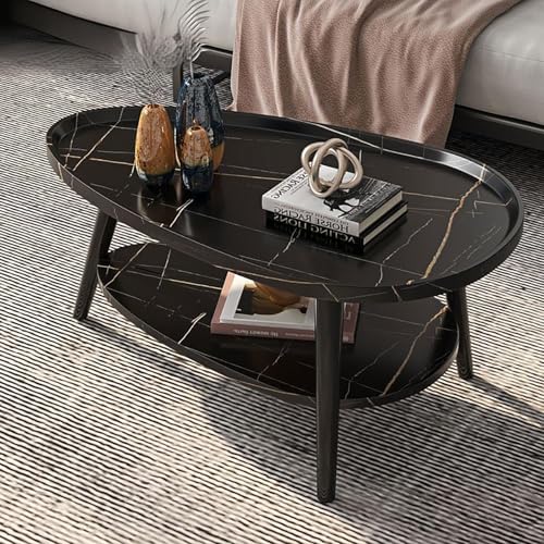 Ovaler Couchtisch Mit 2 Etagen, Mid-Century Modern Couchtisch, Einzigartiger Niedriger Tisch, Sofa-Couchtisch, Sofa-Akzent-Beistelltisch, Moderner Getränke-Beistelltisch(Black,100 * 55 * 38cm) von Kaverno