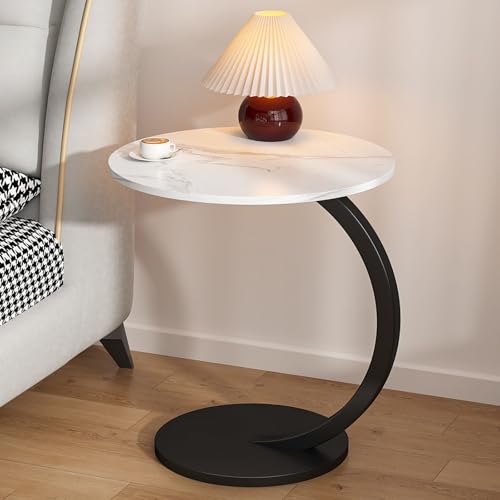 Kleiner Beistelltisch C Form, Runder Tisch als Ablagefläche, Retro-Sofa-Beistelltisch, Moderner Kleiner Couchtisch, Teetisch, Nachtständer für Wohnzimmer, Teestube(Marble White Black) von Kaverno