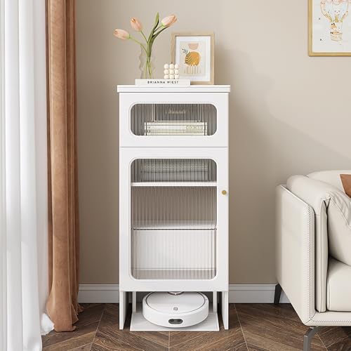 Versteckschrank Für Saugroboter Mit Tür, Moderner Schrank Aus Massivholz Mit Steinplatte Und Gehärteter Glastür Für Wohnzimmer, Schlafzimmer, Küche(White,2 Layer) von Kaverno