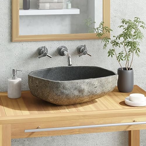 Kavolet Waschbecken Flussstein Oval 45-53 cm Naturstein Aufsatzwaschbecken Handwaschbecken Waschtisch Waschschale Steinbecken, Durchmesser der Abflussöffnung 4,5 cm von Kavolet