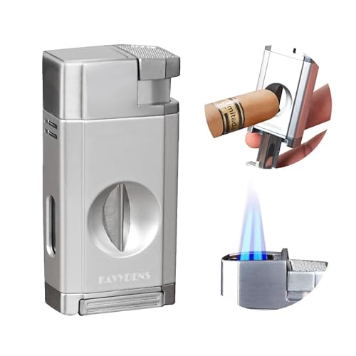 Kavydens Cigar Torch Lighter with The Cigar V Cutter, Refillable Butane Double Jet Flame. Windproof Lighters for Smoking with Gift Box (Butane Not Included) von Kavydens