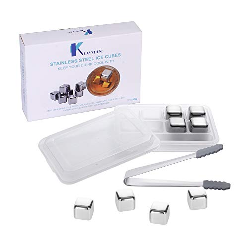 Reusable Stainless Steel Whiskey Stones or Ice Cubes, Set of 8 Ice Cubes with Silicone Tip Tongs and Storage Tray for Wine, Beverage, Juice or Soda. von Kavydens