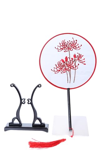 Kawaii-Story F-001 Traditional Runder bestickter chinesischer Stoff Handfächer Holzgriff Quaste, Dekoration Fächer Ständer, Hanfu-Accessoire Spinnenlilie Blumen rot von Kawaii-Story