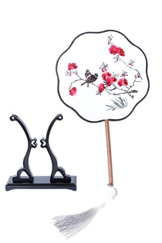 Kawaii-Story F-010 Traditional Runder bestickter chinesischer Stoff Handfächer Holzgriff Quaste, Dekoration Fächer Ständer, Hanfu-Accessoire Vogel Blumen Äste von Kawaii-Story