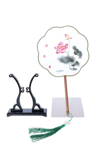 Kawaii-Story F-011 Traditional Runder bestickter chinesischer Stoff Handfächer Holzgriff Quaste, Dekoration Fächer Ständer, Hanfu-Accessoire Wasserlilie Lotus von Kawaii-Story