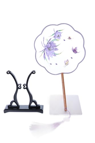 Kawaii-Story F-012 Traditional Runder bestickter chinesischer Stoff Handfächer Holzgriff Quaste, Dekoration Fächer Ständer, Hanfu-Accessoire Blumen Schmetterling lila von Kawaii-Story