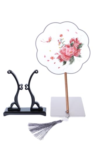 Kawaii-Story F-013 Traditional Runder bestickter chinesischer Stoff Handfächer Holzgriff Quaste, Dekoration Fächer Ständer, Hanfu-Accessoire Schmetterling Blumen rosa von Kawaii-Story