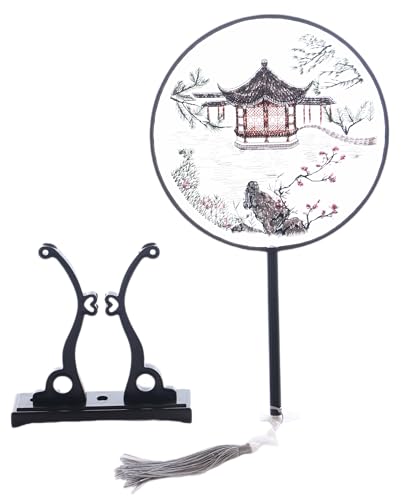 Kawaii-Story F-021 Traditional rund bestickter chinesischer Stoff Handfächer Holzgriff Quaste, Dekoration Fächer Ständer, Hanfu-Accessoire Garten Landschaft Pagode von Kawaii-Story