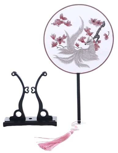 Kawaii-Story F-022 Traditional rund bestickter chinesischer Stoff Handfächer Holzgriff Quaste, Dekoration Fächer Ständer, Hanfu-Accessoire Kyubi Fuchs von Kawaii-Story