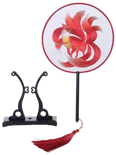Kawaii-Story F-025 Traditional rund bestickter chinesischer Stoff Handfächer Holzgriff Quaste, Dekoration Fächer Ständer, Hanfu-Accessoire Kyubi Rot Fuchs von Kawaii-Story