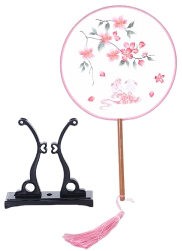 Kawaii-Story F-028 Traditional rund bestickter chinesischer Stoff Handfächer Holzgriff Quaste, Dekoration Fächer Ständer, Hanfu-Accessoire Blumen rosa Hase von Kawaii-Story