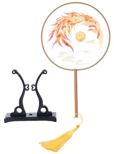 Kawaii-Story F-029 Traditional rund bestickter chinesischer Stoff Handfächer Holzgriff Quaste, Dekoration Fächer Ständer, Hanfu-Accessoire gelb Phoenix von Kawaii-Story