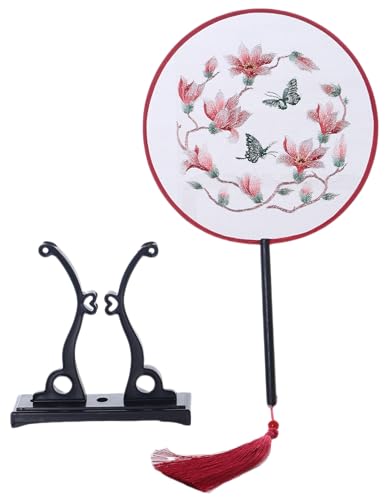 Kawaii-Story F-030 Traditional rund bestickter chinesischer Stoff Handfächer Holzgriff Quaste, Dekoration Fächer Ständer, Hanfu-Accessoire Blumen Schmetterling von Kawaii-Story