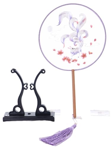 Kawaii-Story F-031 Traditional rund bestickter chinesischer Stoff Handfächer Holzgriff Quaste, Dekoration Fächer Ständer, Hanfu-Accessoire Kyubi Fuchs von Kawaii-Story