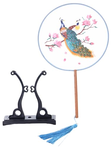 Kawaii-Story F-033 Traditional rund bestickter chinesischer Stoff Handfächer Holzgriff Quaste, Dekoration Fächer Ständer, Hanfu-Accessoire Blumen Pfau von Kawaii-Story