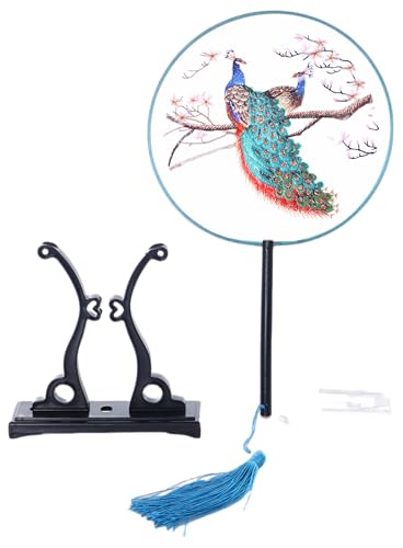 Kawaii-Story F-037 Traditional rund bestickter chinesischer Stoff Handfächer Holzgriff Quaste, Dekoration Fächer Ständer, Hanfu-Accessoire Pfau Vogel von Kawaii-Story