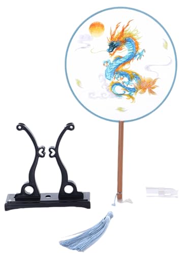 Kawaii-Story F-038 Traditional rund bestickter chinesischer Stoff Handfächer Holzgriff Quaste, Dekoration Fächer Ständer, Hanfu-Accessoire Drache von Kawaii-Story