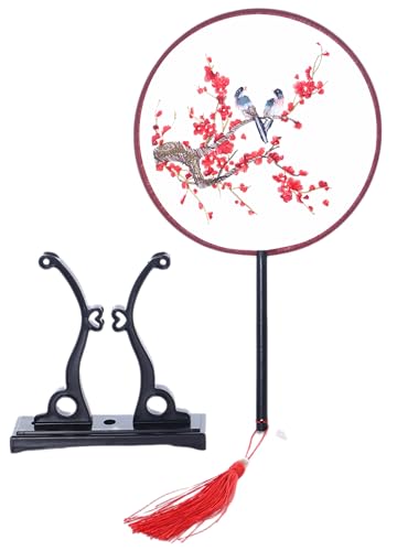 Kawaii-Story F-039 Traditional rund bestickter chinesischer Stoff Handfächer Holzgriff Quaste, Dekoration Fächer Ständer, Hanfu-Accessoire Blumen Vogel von Kawaii-Story