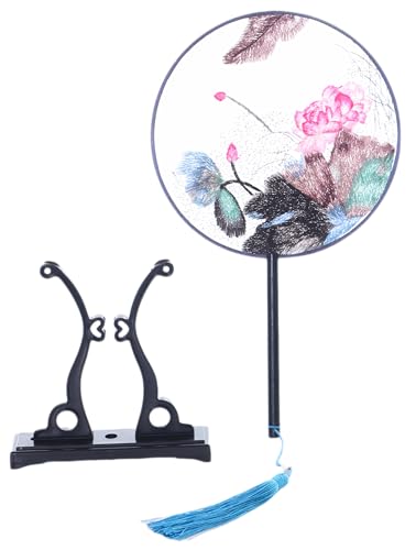 Kawaii-Story F-041 Traditional rund bestickter chinesischer Stoff Handfächer Holzgriff Quaste, Dekoration Fächer Ständer, Hanfu-Accessoire Lotusblumen von Kawaii-Story