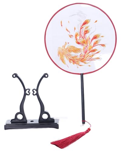 Kawaii-Story F-044 Traditional rund bestickter chinesischer Stoff Handfächer Holzgriff Quaste, Dekoration Fächer Ständer, Hanfu-Accessoire gelb Phoenix von Kawaii-Story
