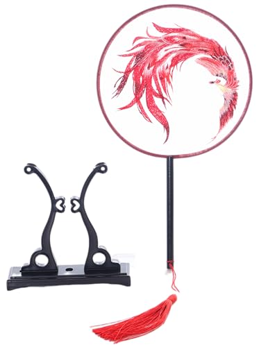 Kawaii-Story F-045 Traditional rund bestickter chinesischer Stoff Handfächer Holzgriff Quaste, Dekoration Fächer Ständer, Hanfu-Accessoire rot Phoenix von Kawaii-Story