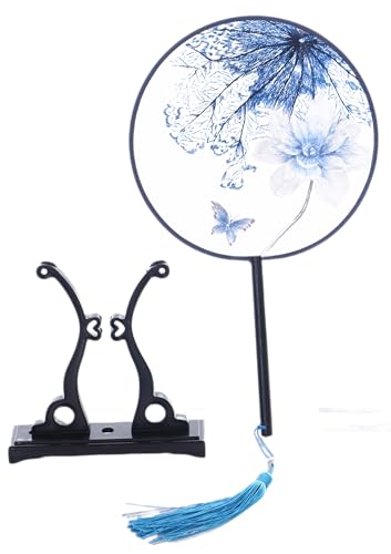 Kawaii-Story F-046 Traditional rund bestickter chinesischer Stoff Handfächer Holzgriff Quaste, Dekoration Fächer Ständer, Hanfu-Accessoire blau Blumen von Kawaii-Story
