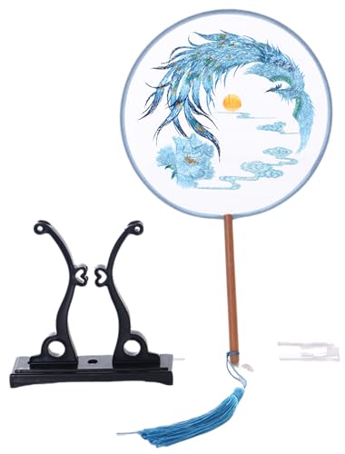 Kawaii-Story F-050 Traditional rund bestickter chinesischer Stoff Handfächer Holzgriff Quaste, Dekoration Fächer Ständer, Hanfu-Accessoire Phoenix blau von Kawaii-Story