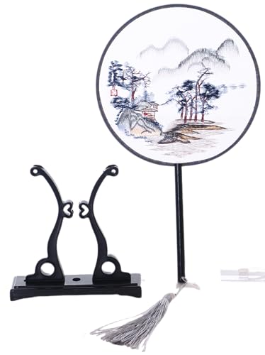 Kawaii-Story F-052 Traditional rund bestickter chinesischer Stoff Handfächer Holzgriff Quaste, Dekoration Fächer Ständer, Hanfu-Accessoire Natur Berg Landschaft von Kawaii-Story