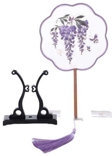 Kawaii-Story F-053 Traditional rund bestickter chinesischer Stoff Handfächer Holzgriff Quaste, Dekoration Fächer Ständer, Hanfu-Accessoire Lila Blumen Wisteria von Kawaii-Story