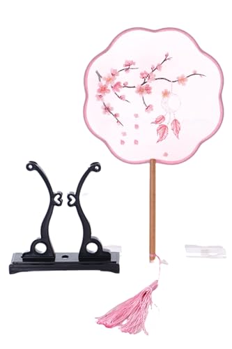 Kawaii-Story F-055 Traditional rund bestickter chinesischer Stoff Handfächer Holzgriff Quaste, Dekoration Fächer Ständer, Hanfu-Accessoire Rosa Sakura Kirschblüten von Kawaii-Story